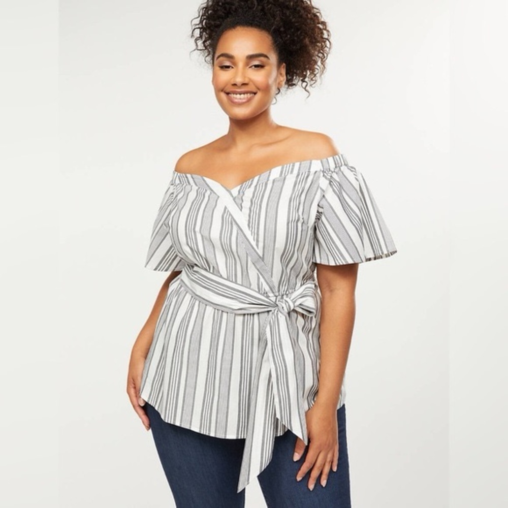 NWT Lane Bryant Womens Plus Size Striped Off Shoulders Belted Top Blouse Size 28